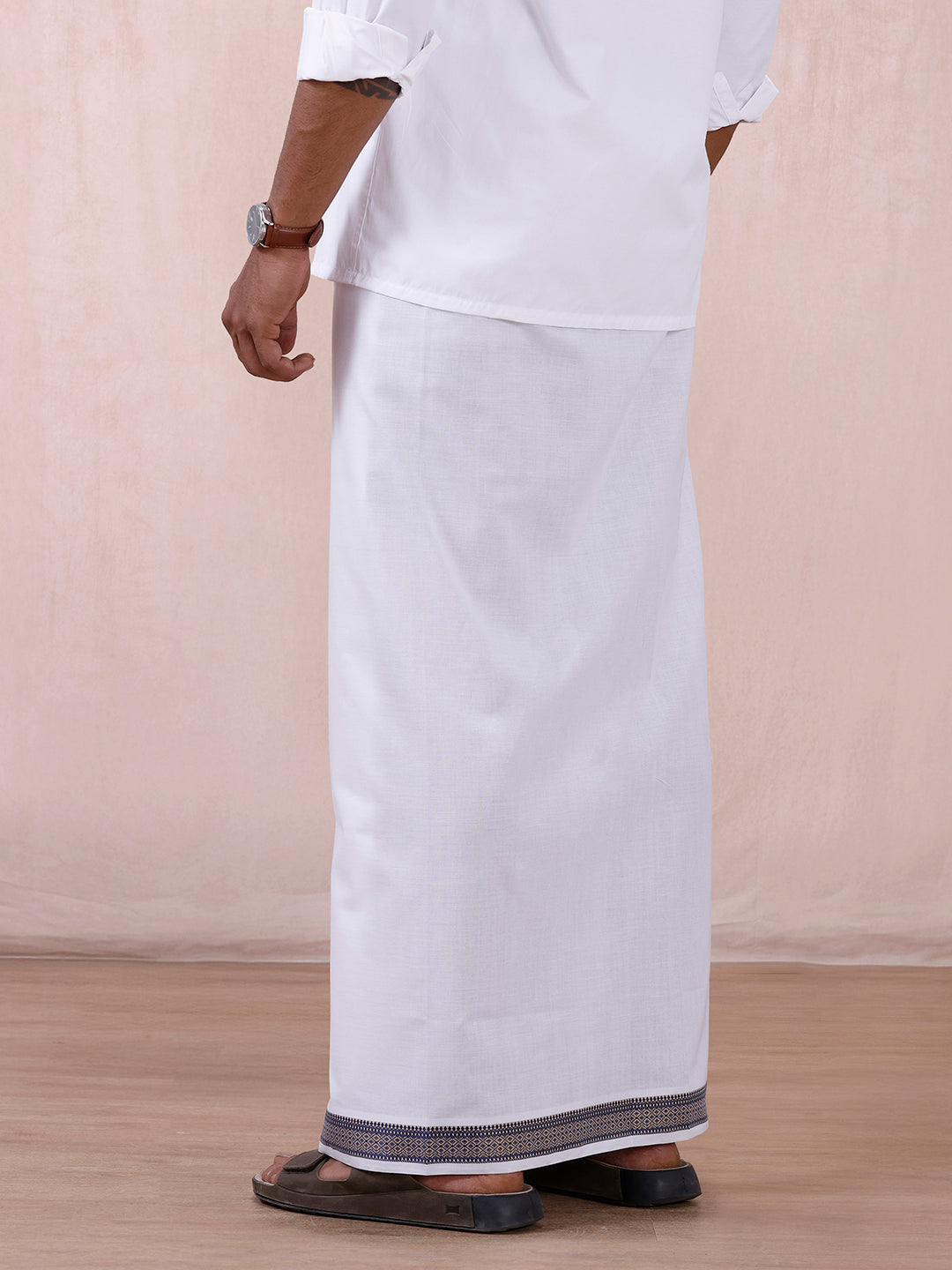 Men 100% Cotton Single Layer White Dhoti with Fancy Jari Border GE04