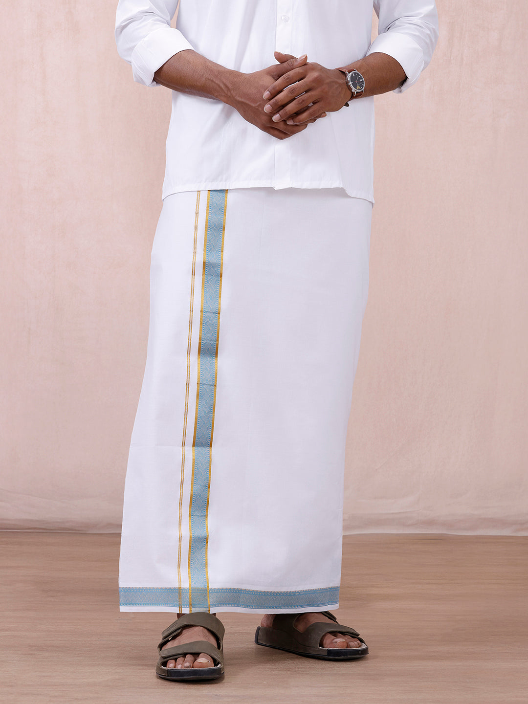 Men 100% Cotton Single Layer White Dhoti with Fancy Jari Border GE03