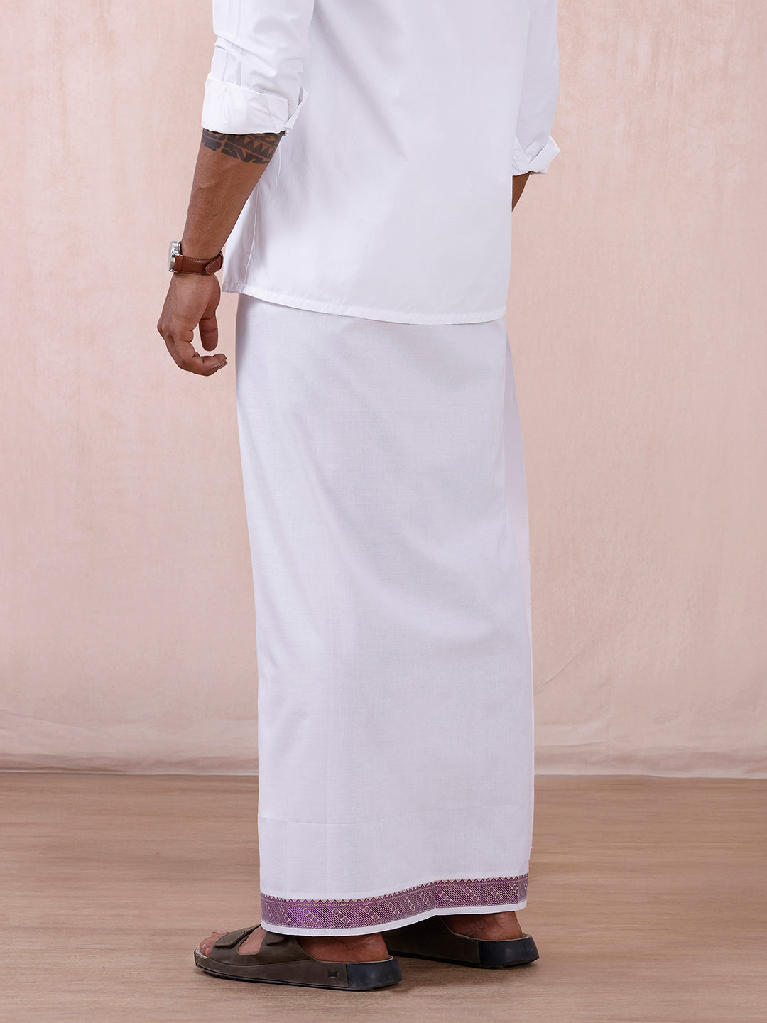 Men 100% Cotton Single Layer White Dhoti with Fancy Jari Border GE01