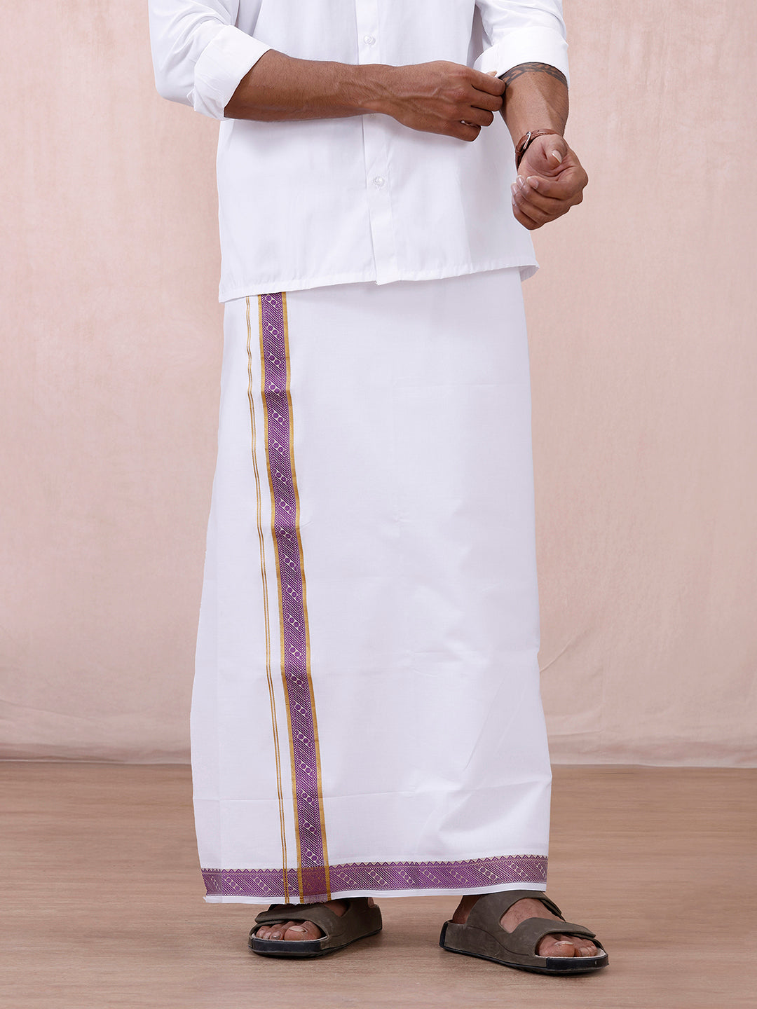 Men 100% Cotton Single Layer White Dhoti with Fancy Jari Border GE01