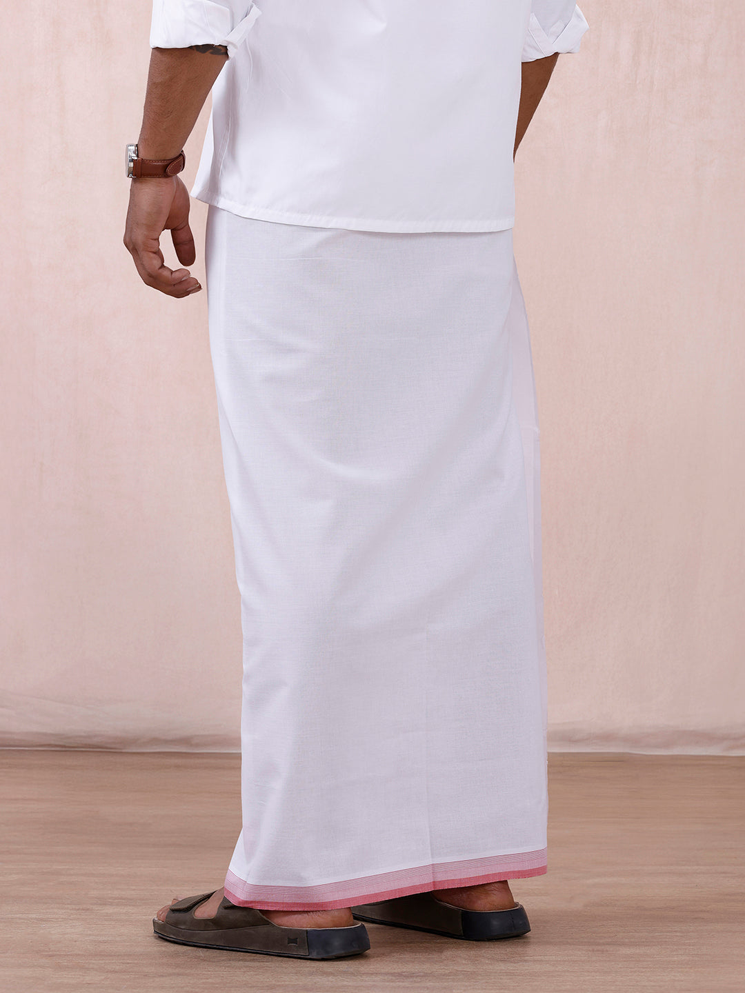 Men 100% Cotton Single Layer White Dhoti with Fancy Jari Border HW01