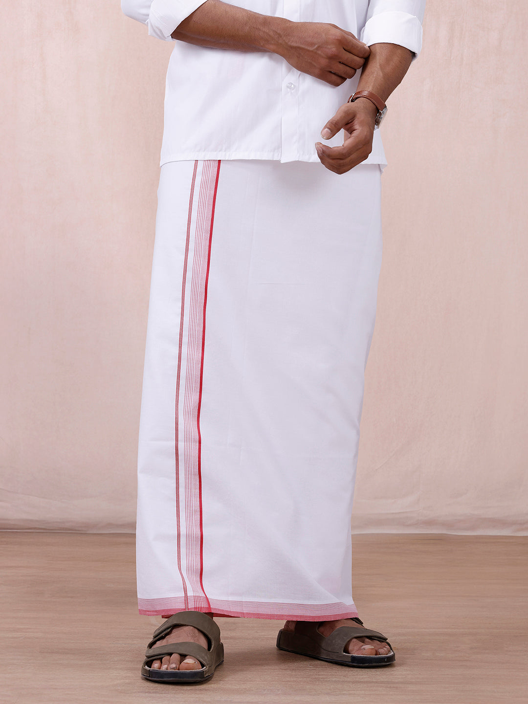 Men 100% Cotton Single Layer White Dhoti with Fancy Jari Border HW01