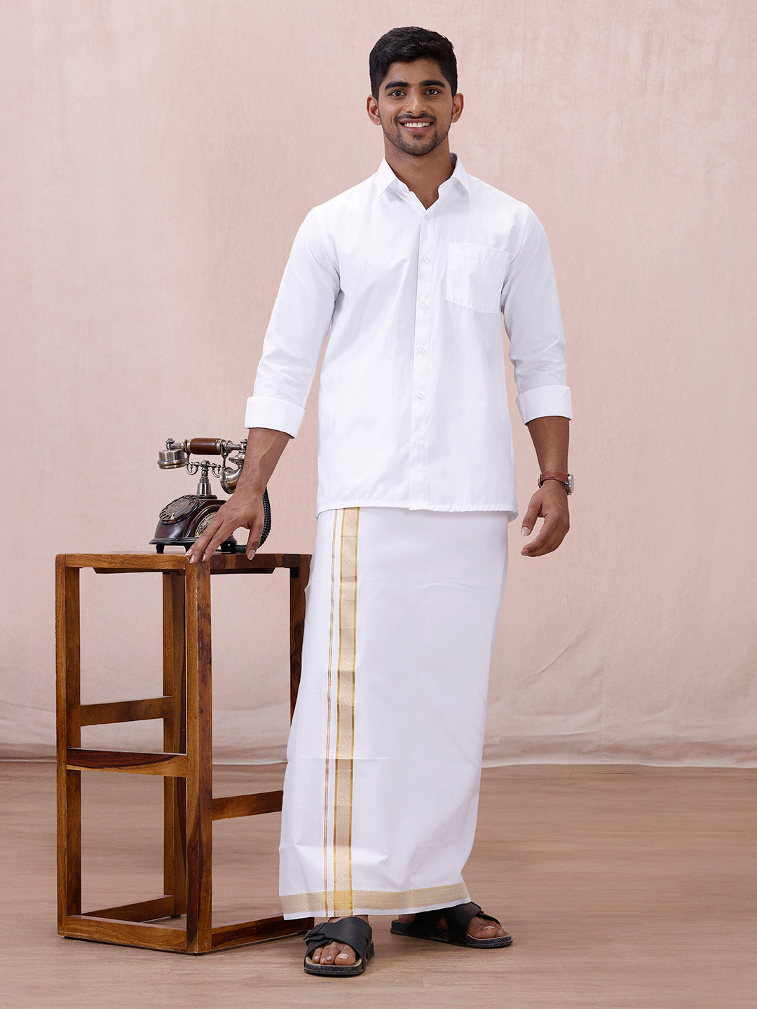 Men 100% Cotton Single Layer White Dhoti with Fancy Jari Border GE02