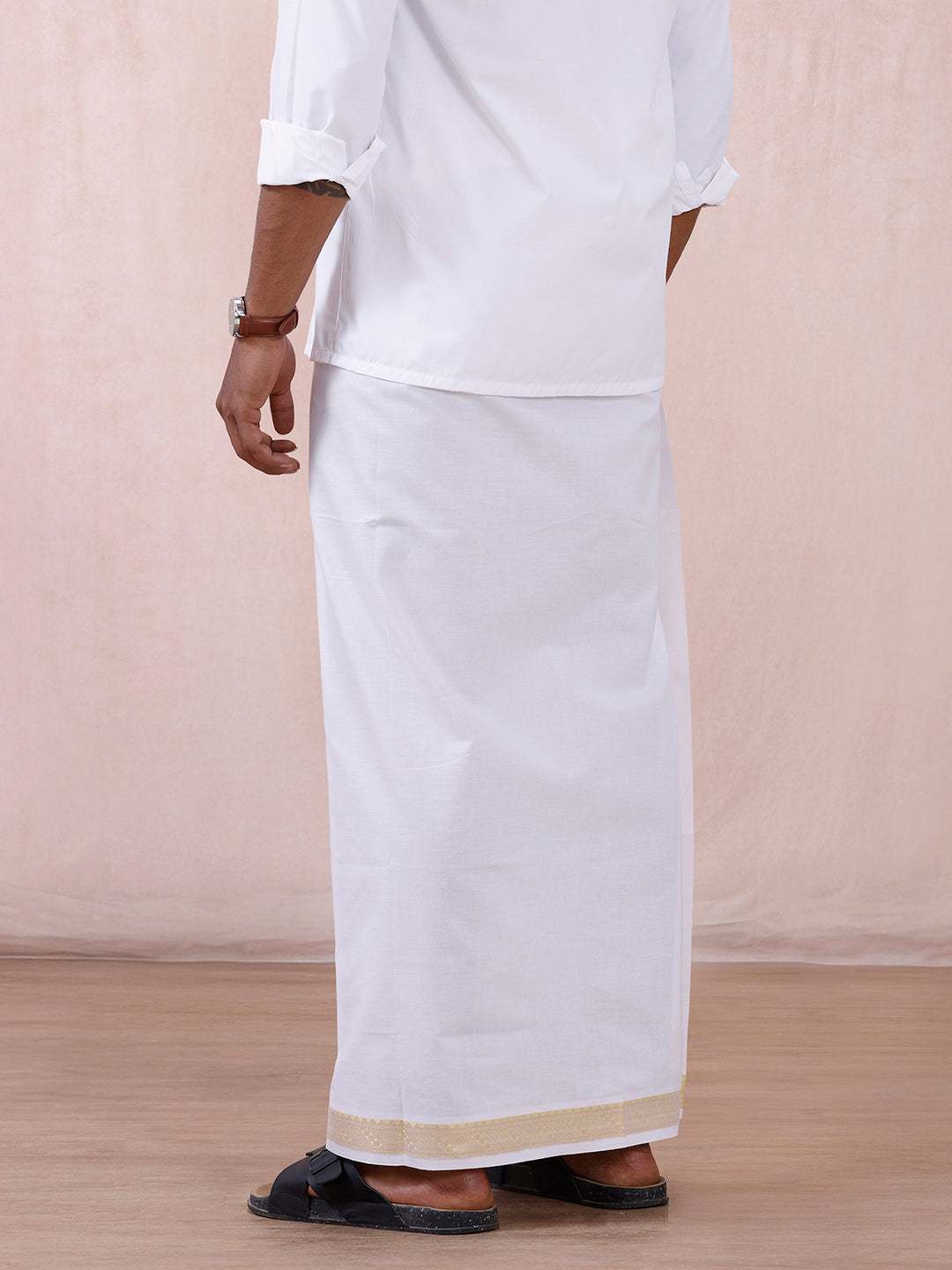 Men 100% Cotton Single Layer White Dhoti with Fancy Jari Border GE02