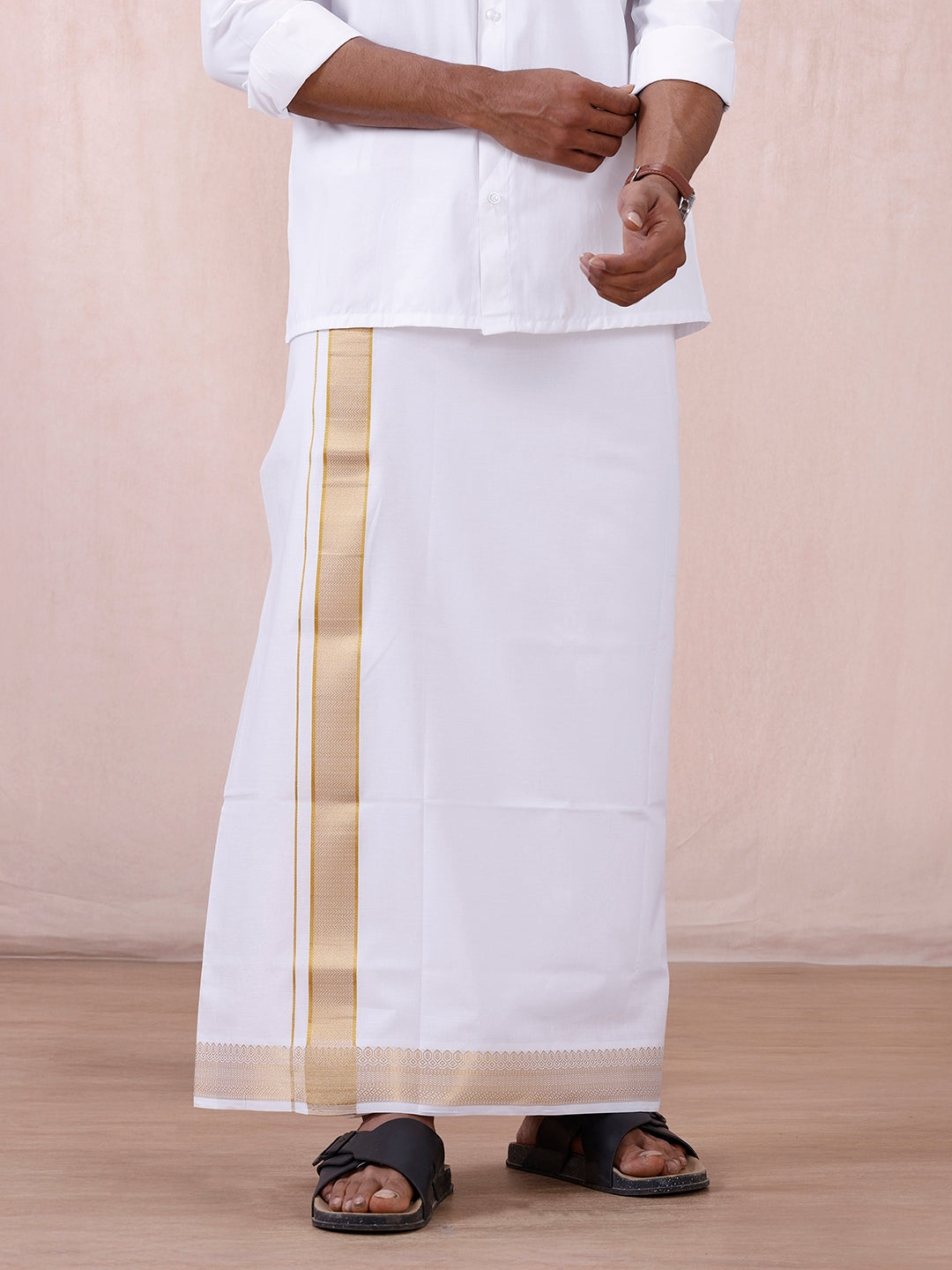 Men 100% Cotton Single Layer White Dhoti with Gold Jari Border Aura 315