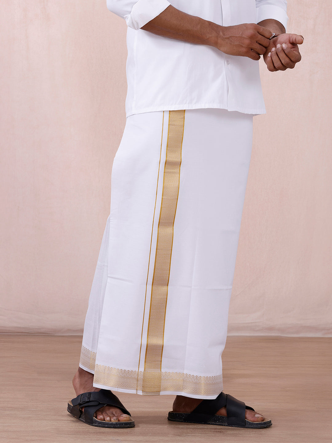 Men 100% Cotton Single Layer White Dhoti with Gold Jari Border Aura 315