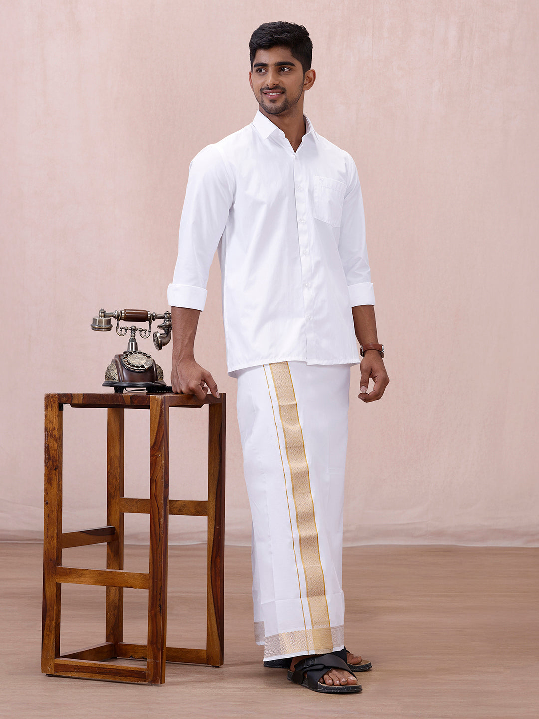 Men 100% Cotton Single Layer White Dhoti with Gold Jari Border Aura 336