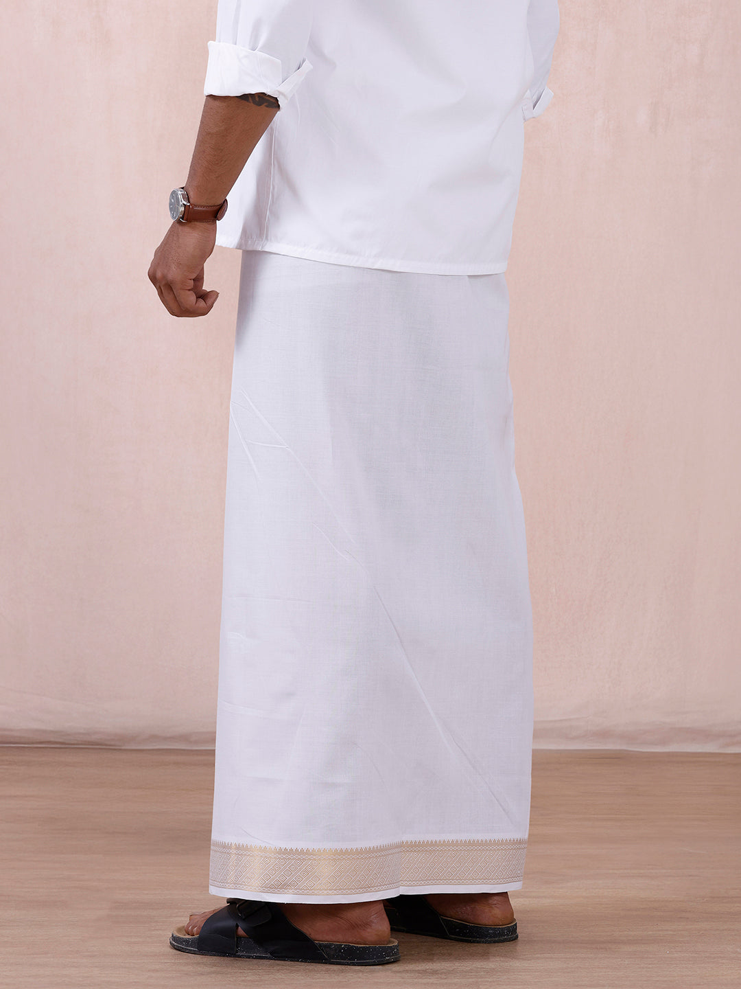 Men 100% Cotton Single Layer White Dhoti with Gold Jari Border Aura 365