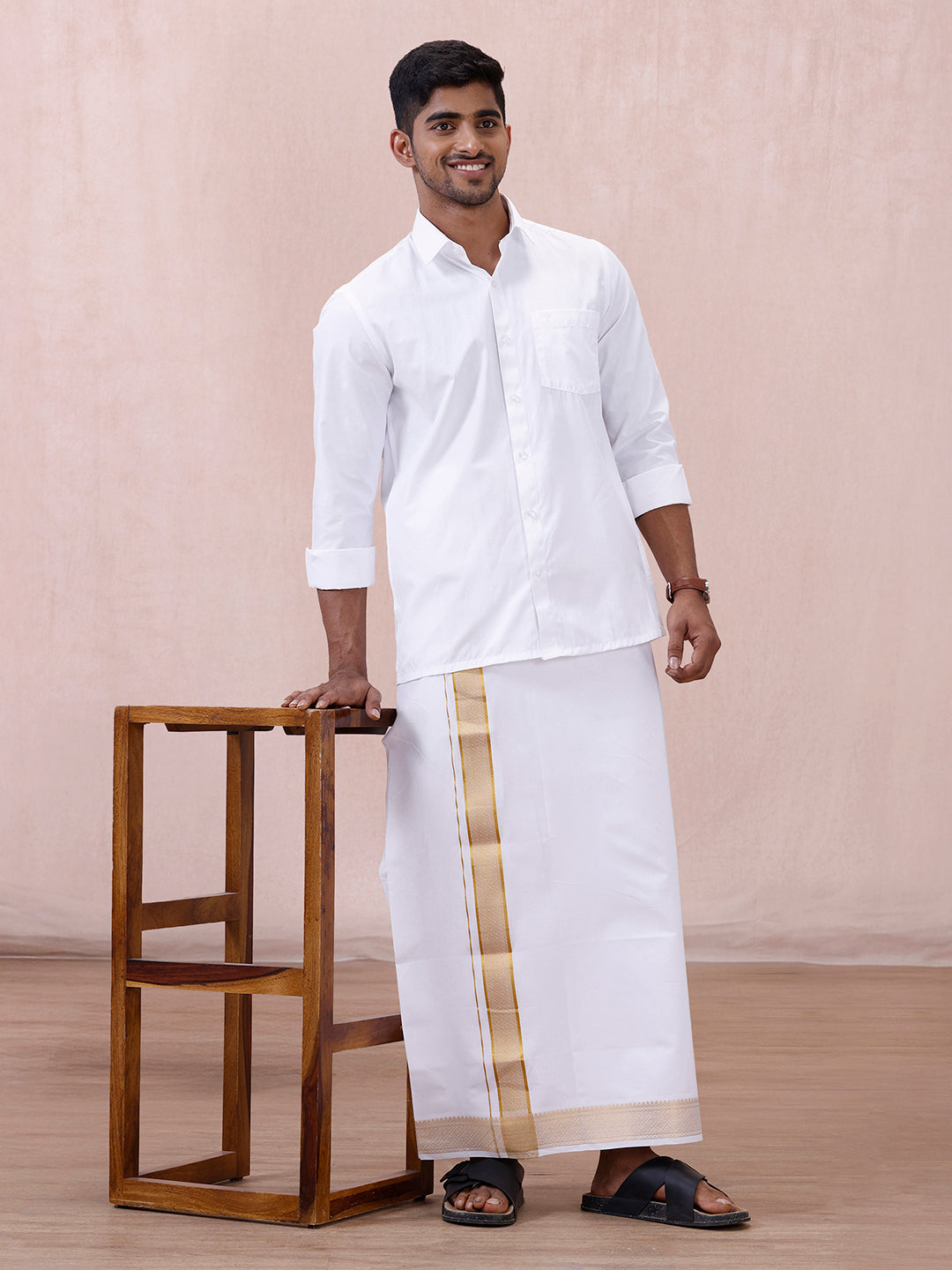 Men Cotton Blend Readymade Double Layer White Dhoti with Gold Jari Border GAA04