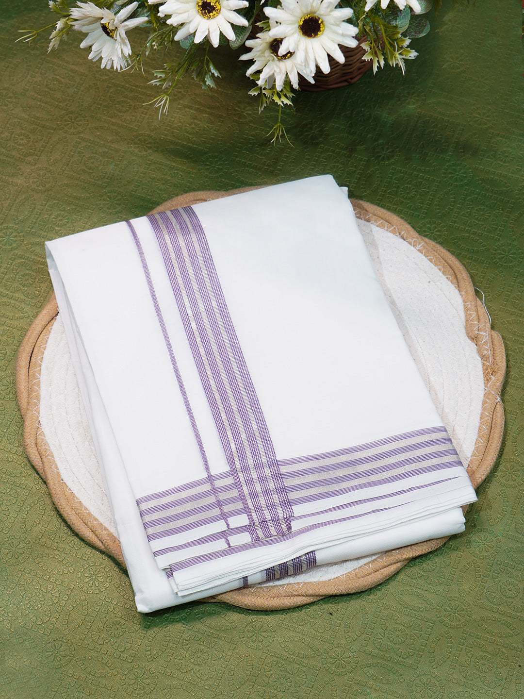 Men Premium Handloom White Dhoti with Fancy Jari Border HLM40