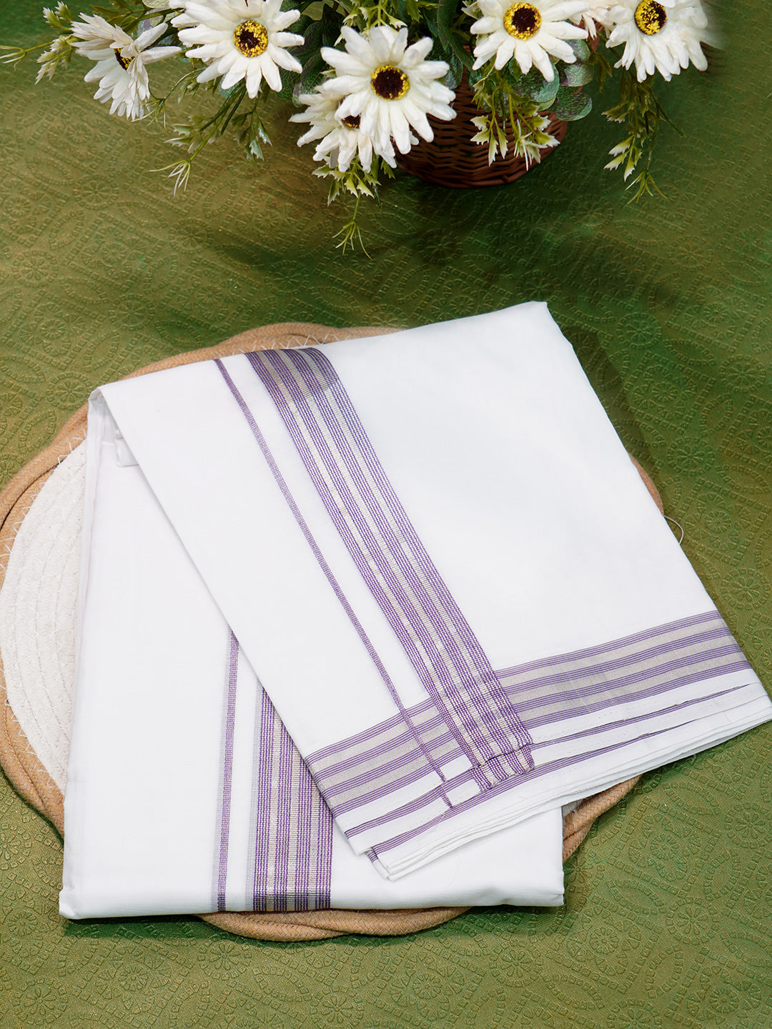 Men Premium Handloom White Dhoti with Fancy Jari Border HLM40