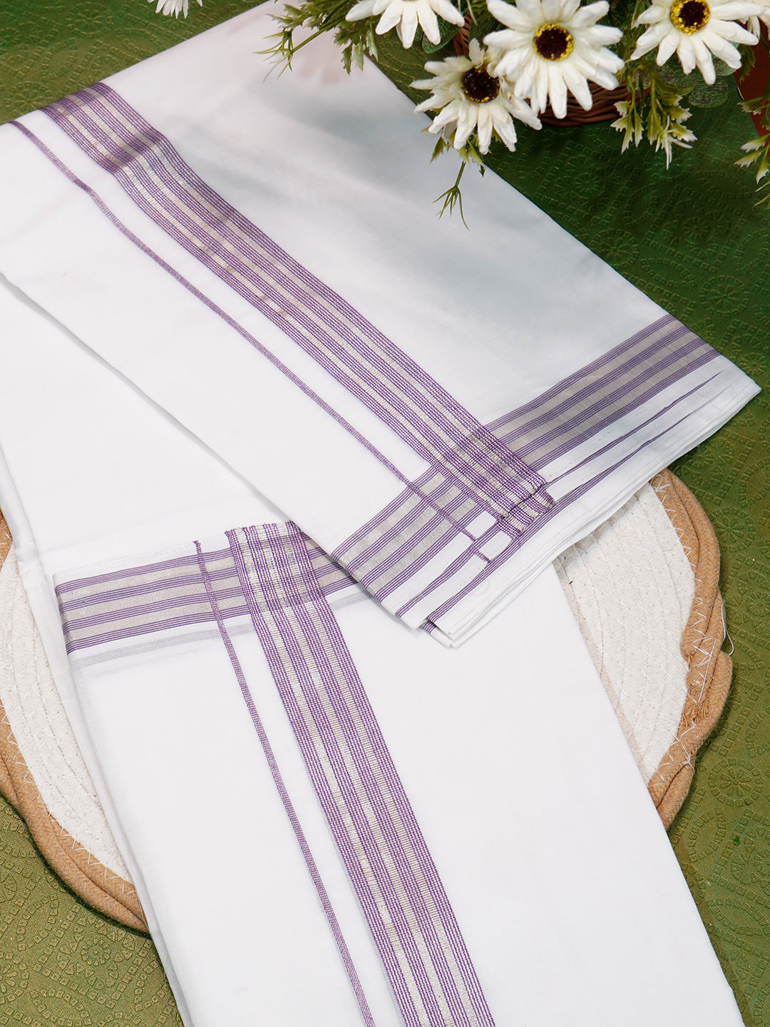 Men Premium Handloom White Dhoti with Fancy Jari Border HLM40