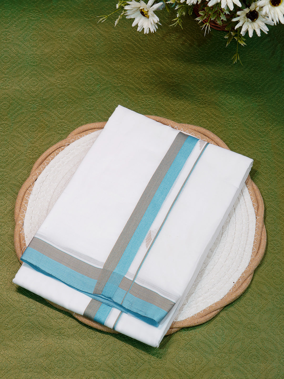 Men Premium Handloom White Dhoti with Fancy Border HLM53