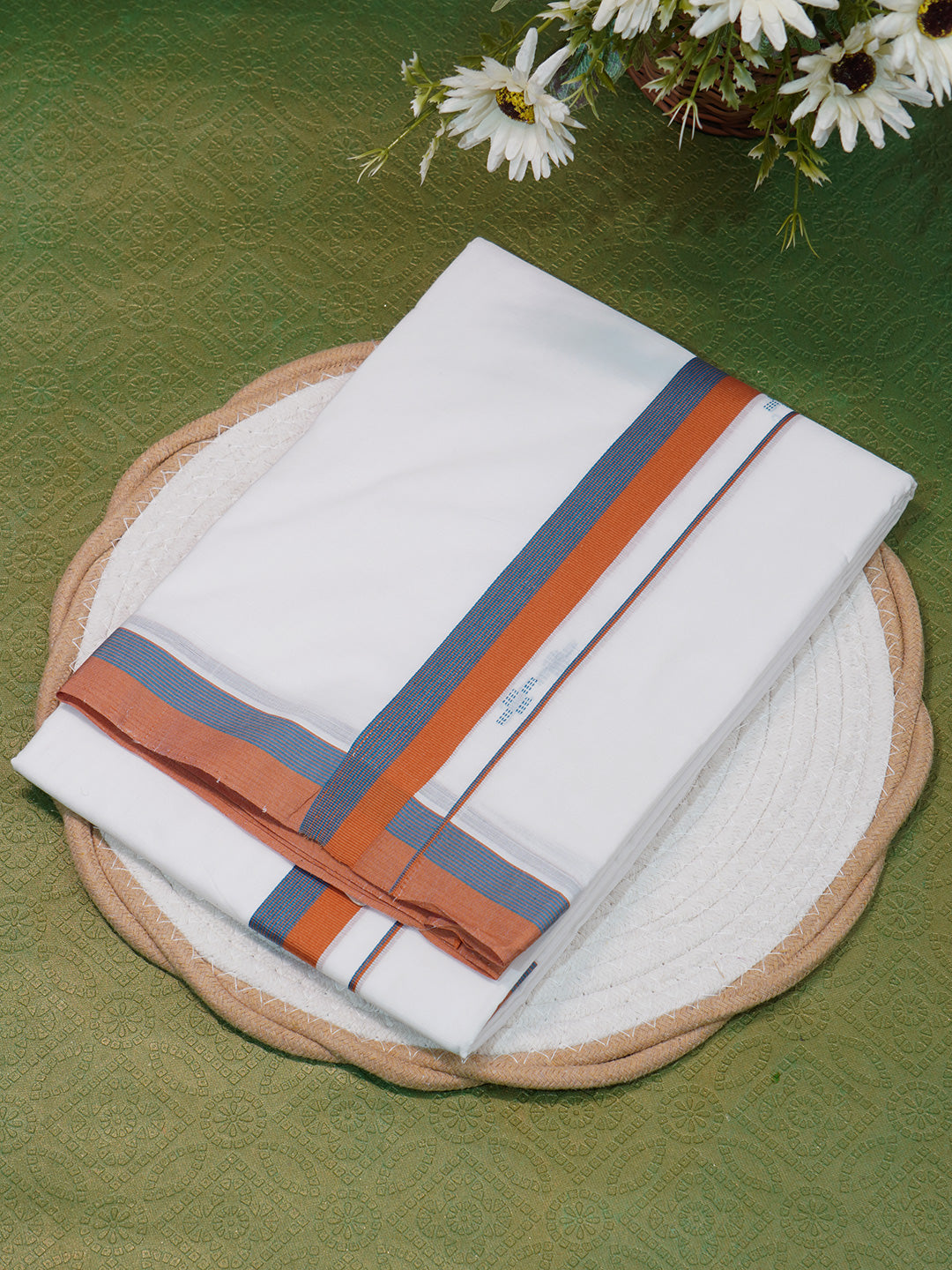 Men Premium Handloom White Dhoti with Fancy Border HLM45