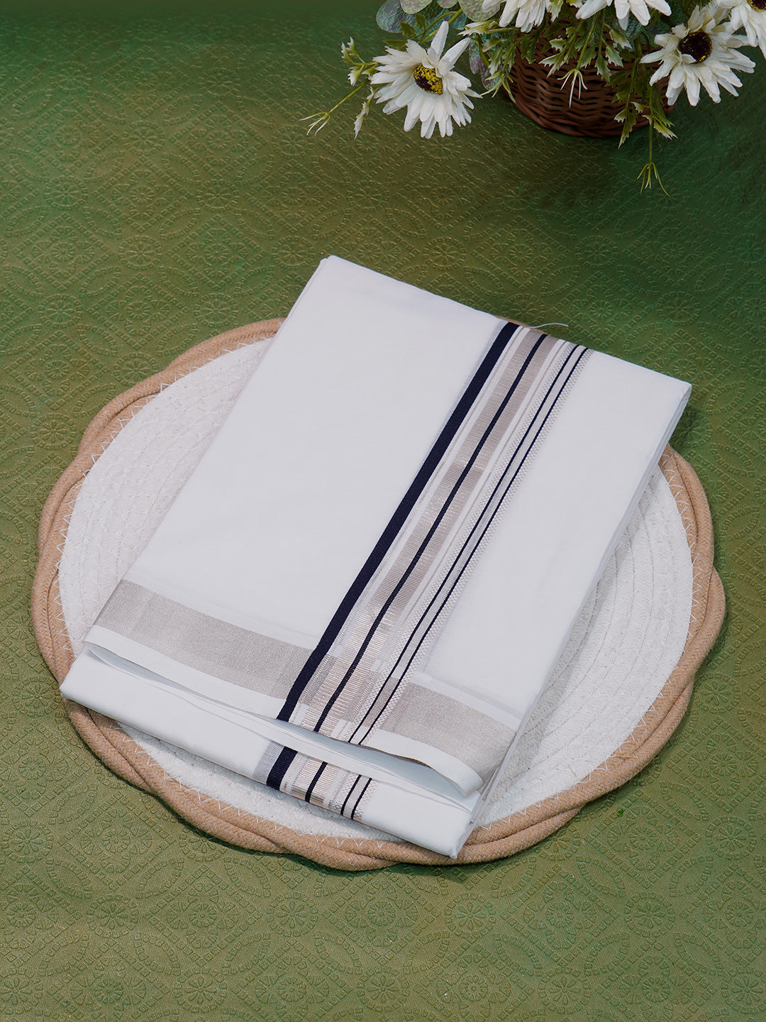 Men Premium Handloom White Dhoti with Silver Jari Border HLM49