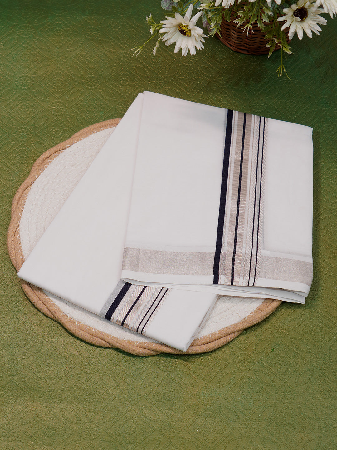 Men Premium Handloom White Dhoti with Silver Jari Border HLM49