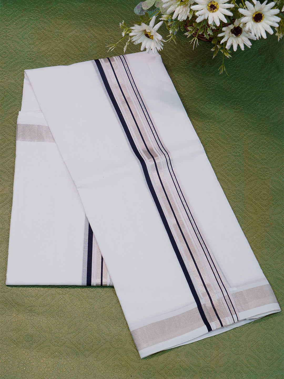 Men Premium Handloom White Dhoti with Silver Jari Border HLM49
