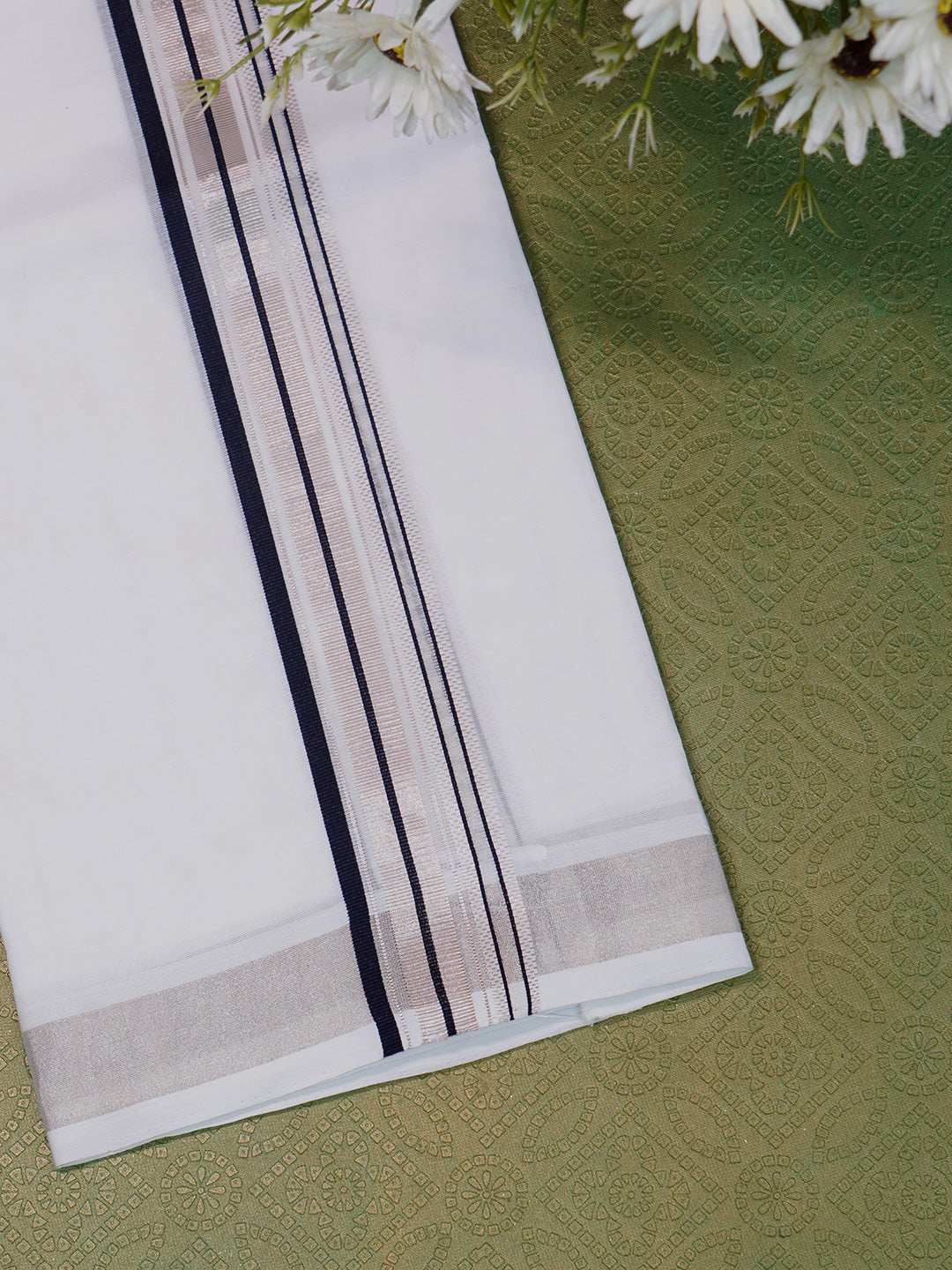 Men Premium Handloom White Dhoti with Silver Jari Border HLM49