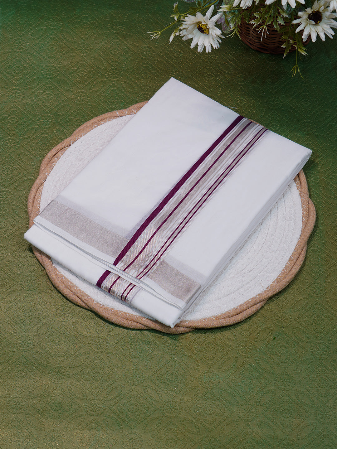 Men Premium Handloom White Dhoti with Silver Jari Border HLM44