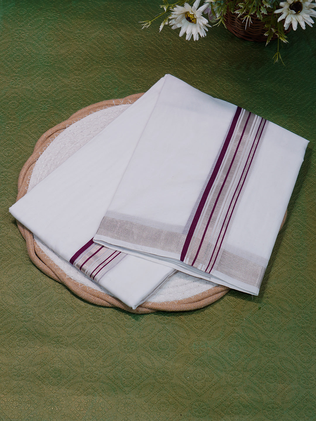 Men Premium Handloom White Dhoti with Silver Jari Border HLM44
