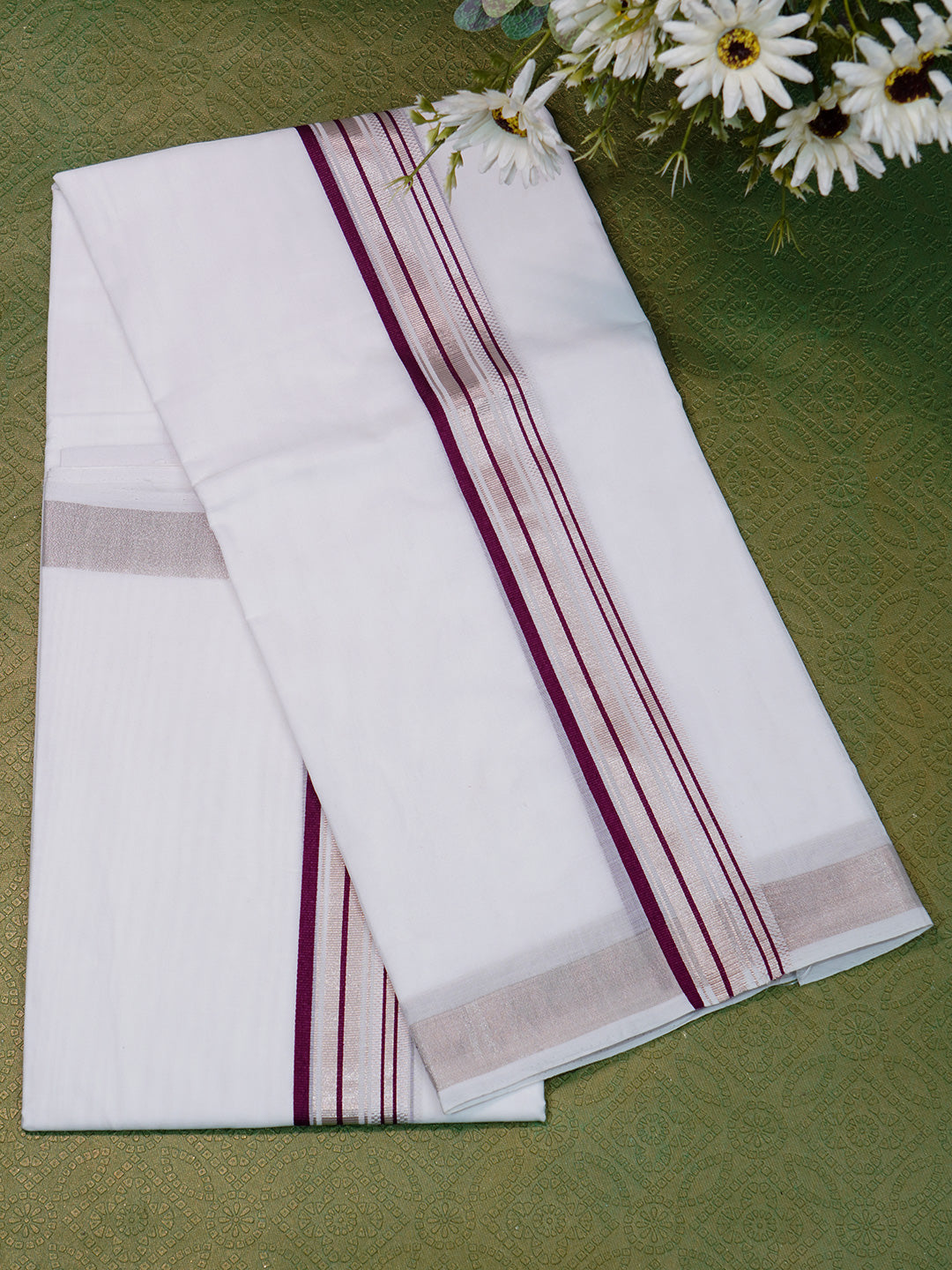 Men Premium Handloom White Dhoti with Silver Jari Border HLM44