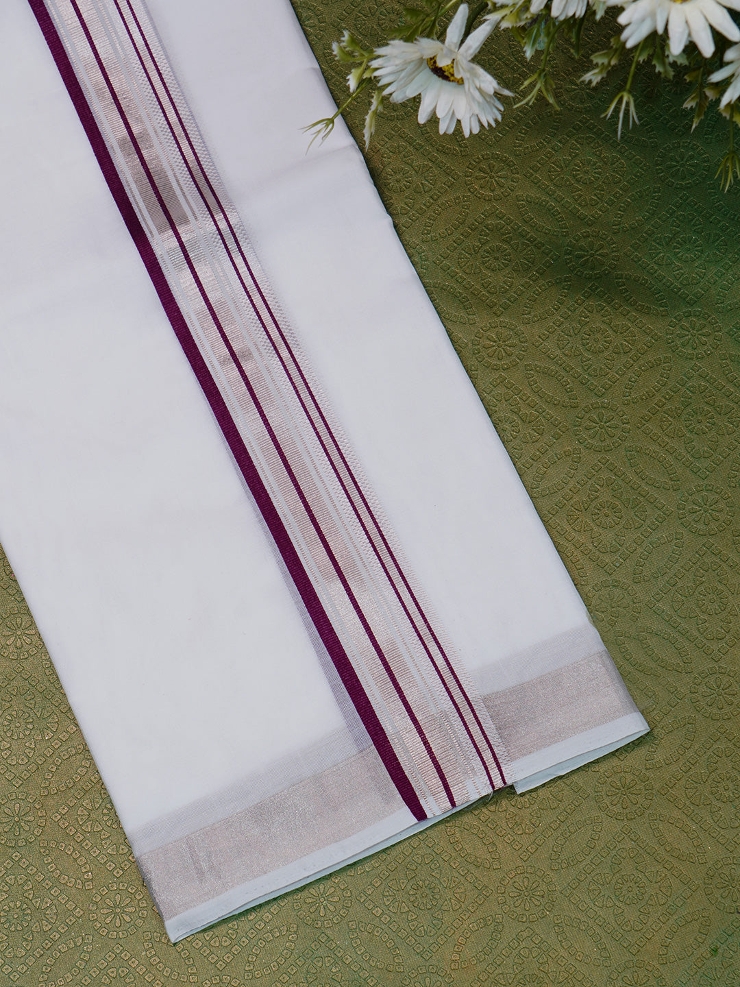Men Premium Handloom White Dhoti with Silver Jari Border HLM44
