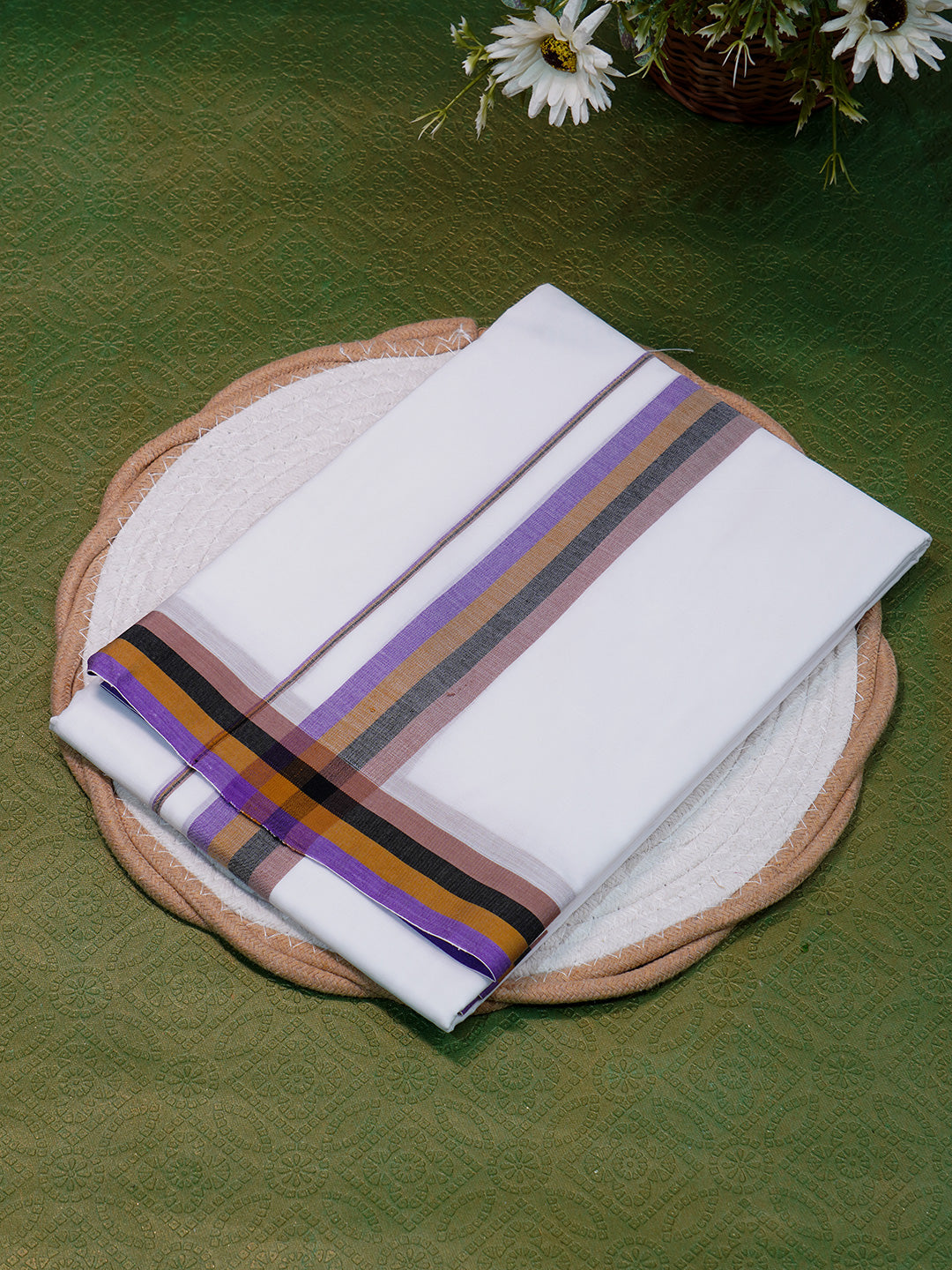 Men Premium Handloom White Dhoti with Fancy Border HLM38