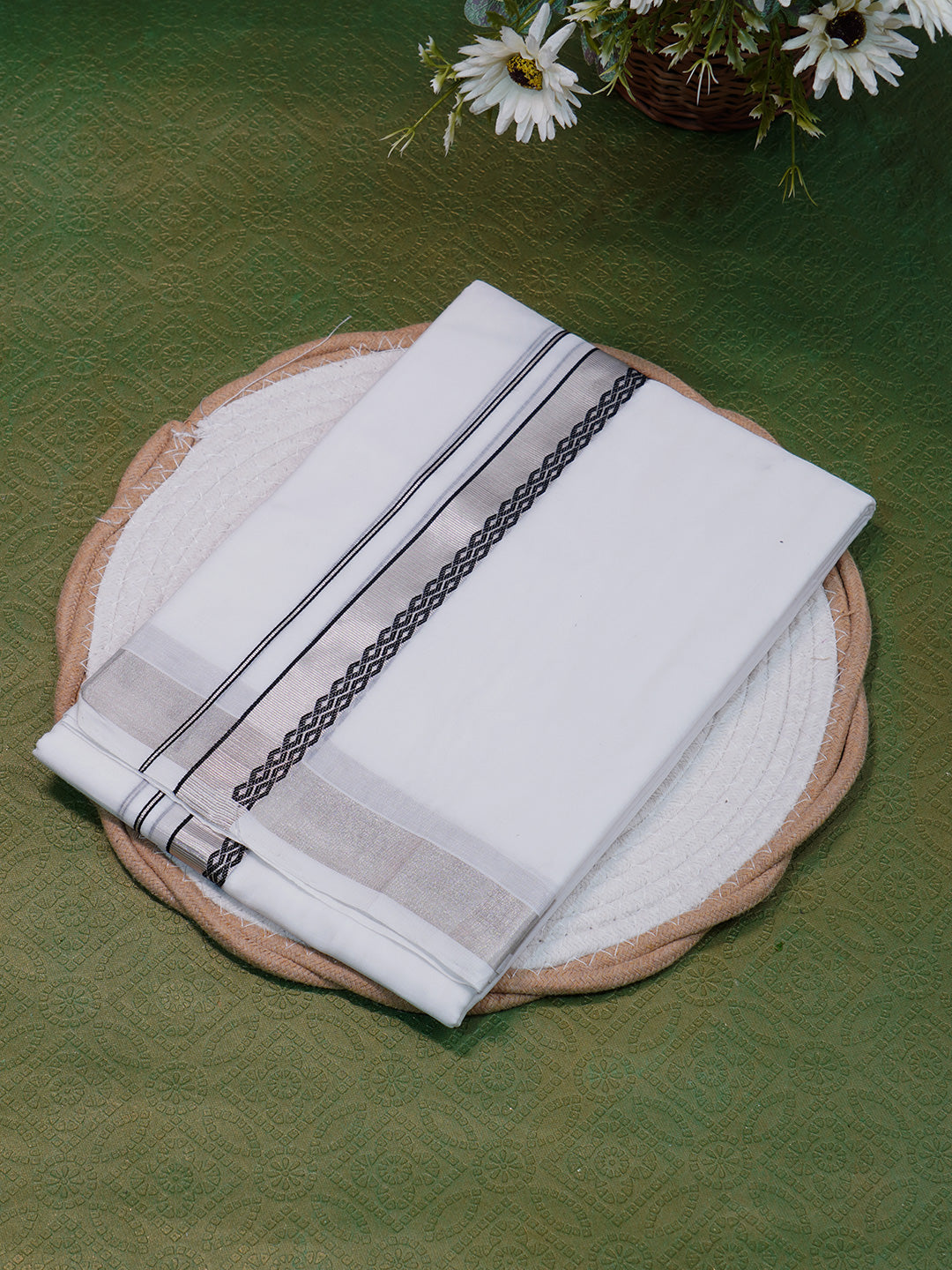 Men Premium Handloom White Dhoti with Silver Jari Border HLM51