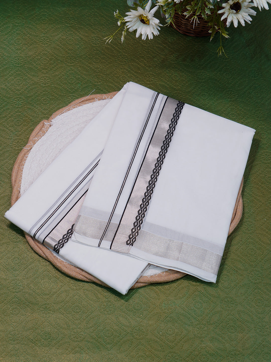 Men Premium Handloom White Dhoti with Silver Jari Border HLM51