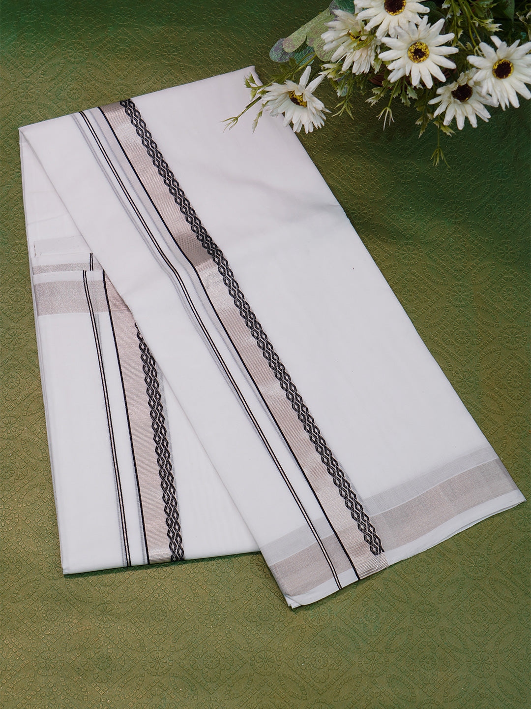 Men Premium Handloom White Dhoti with Silver Jari Border HLM51