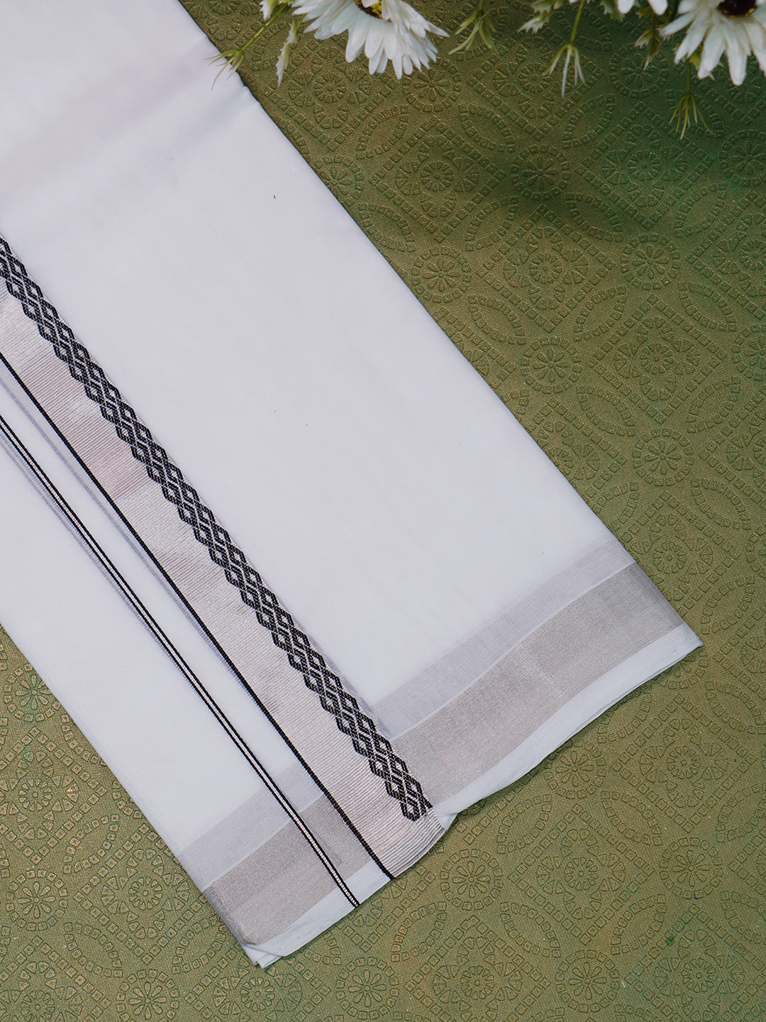 Men Premium Handloom White Dhoti with Silver Jari Border HLM51