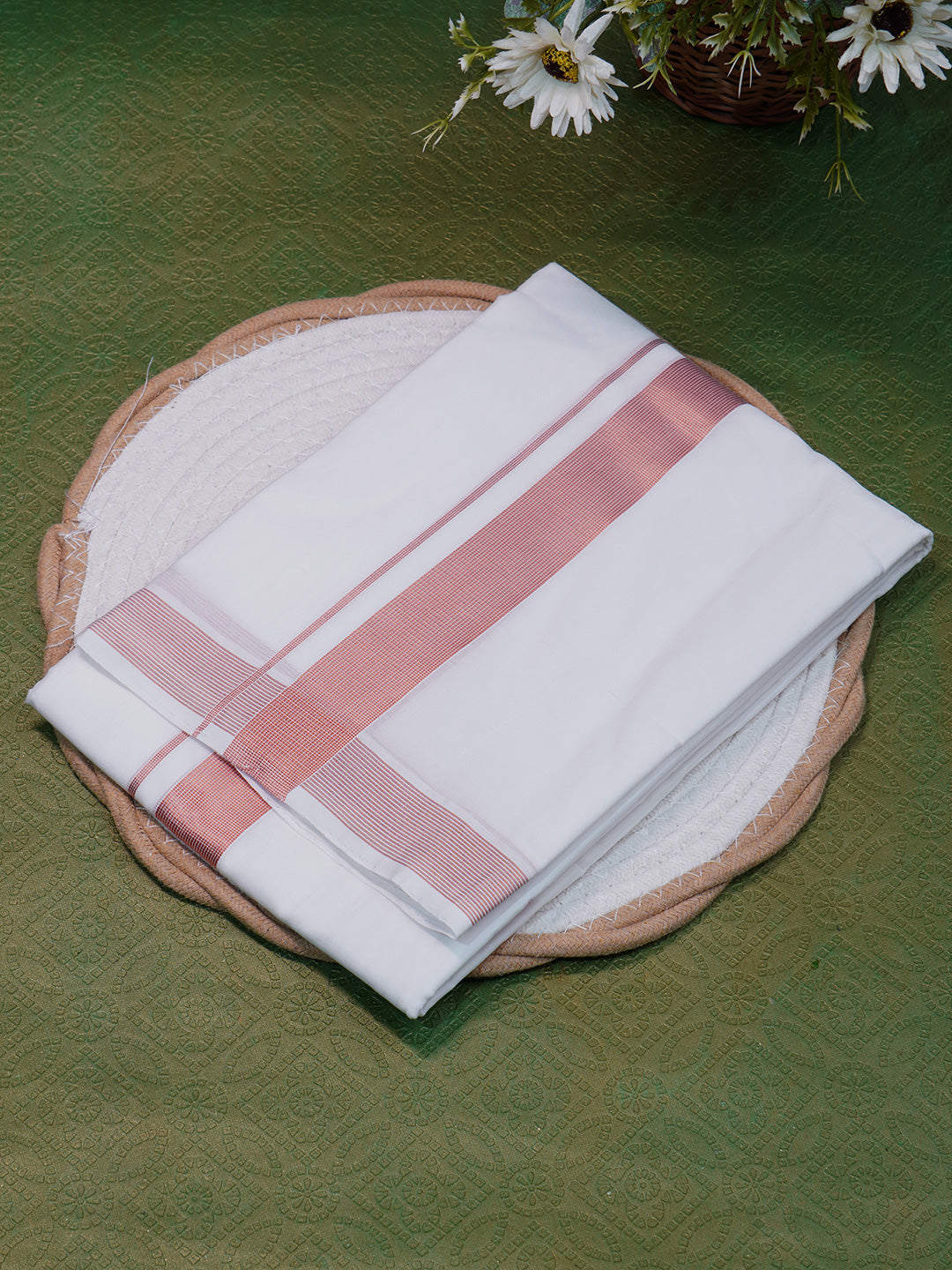Men Premium Handloom White Dhoti with Copper Jari Border HLM37
