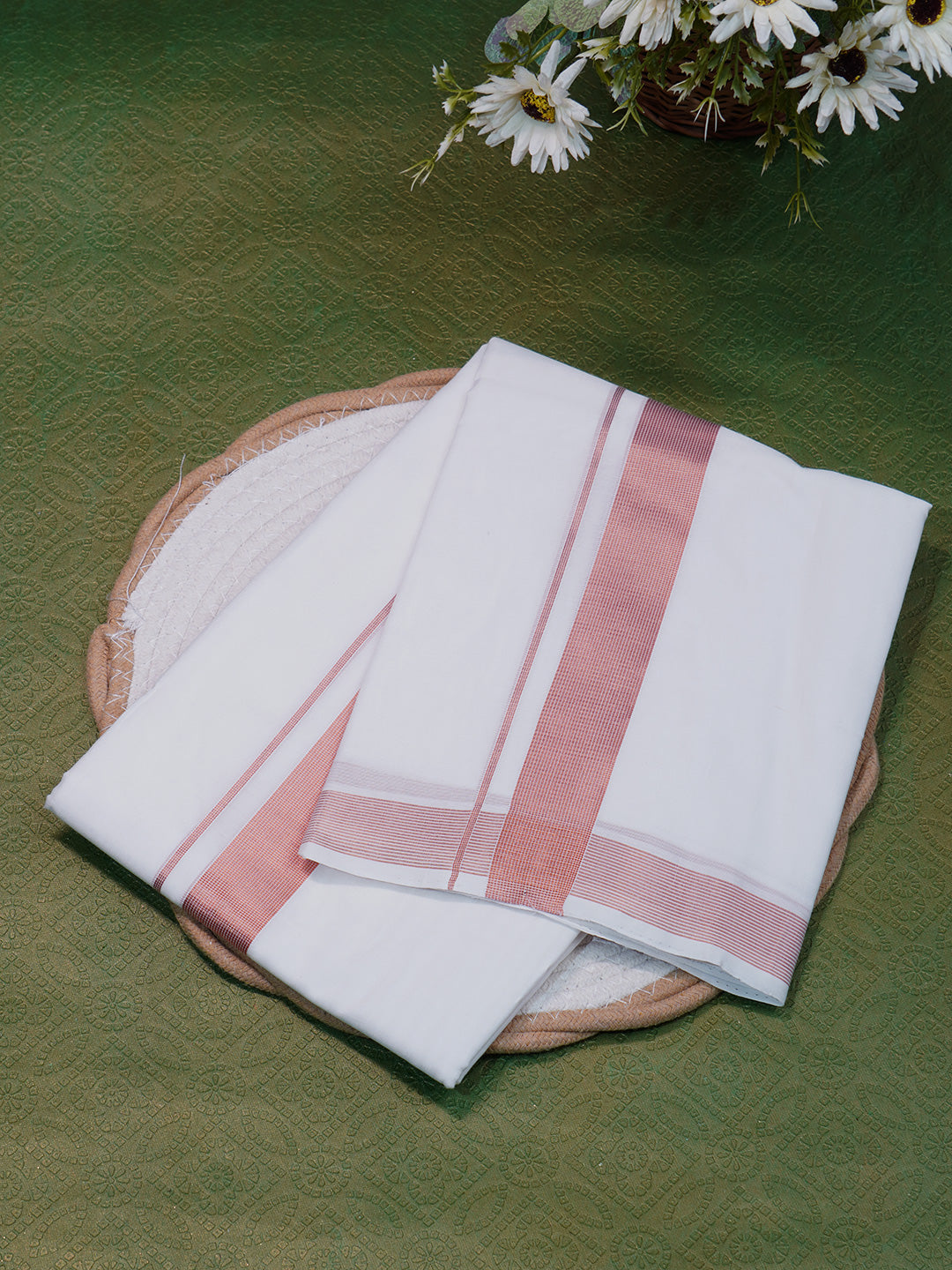 Men Premium Handloom White Dhoti with Copper Jari Border HLM37