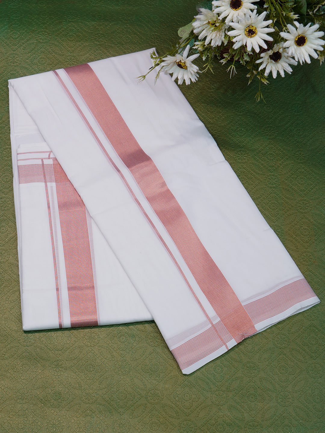 Men Premium Handloom White Dhoti with Copper Jari Border HLM37