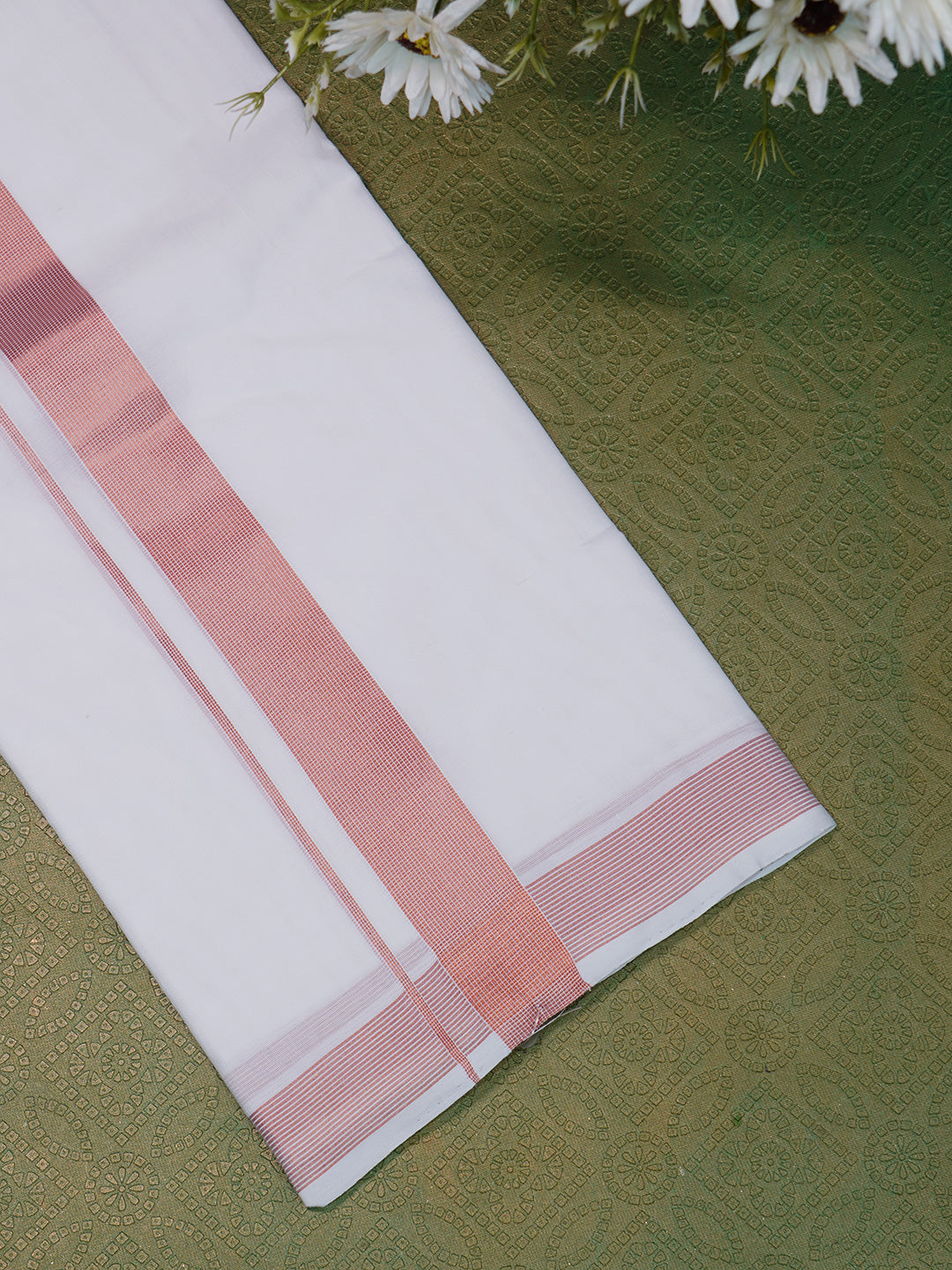 Men Premium Handloom White Dhoti with Copper Jari Border HLM37