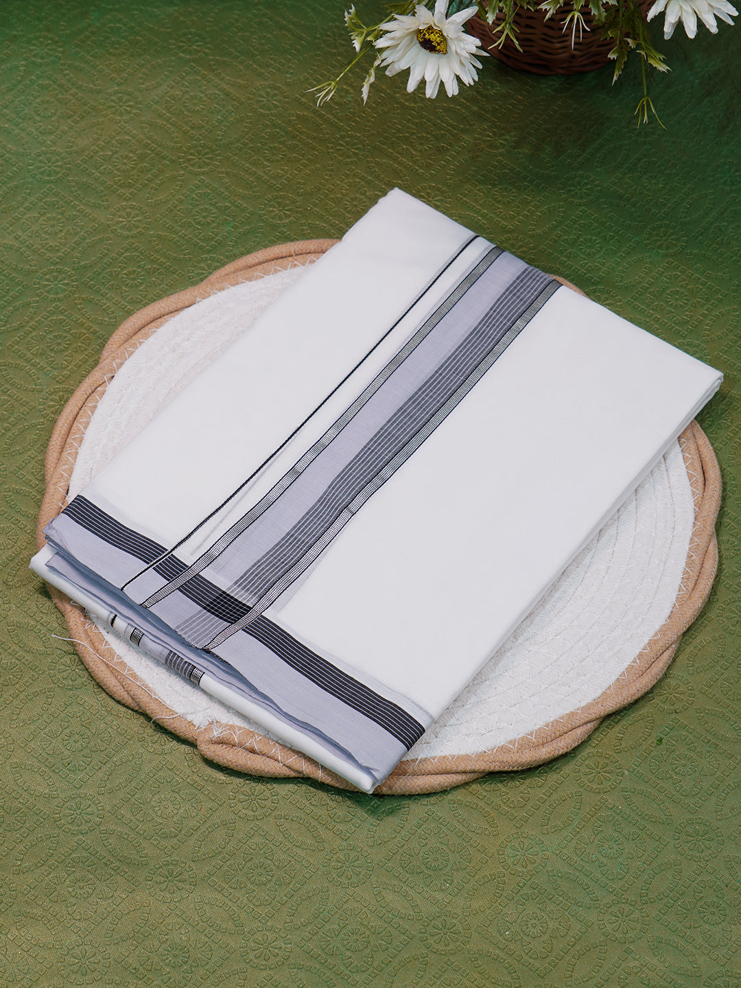 Men Premium Handloom White Dhoti with Silver Jari Border HLM50