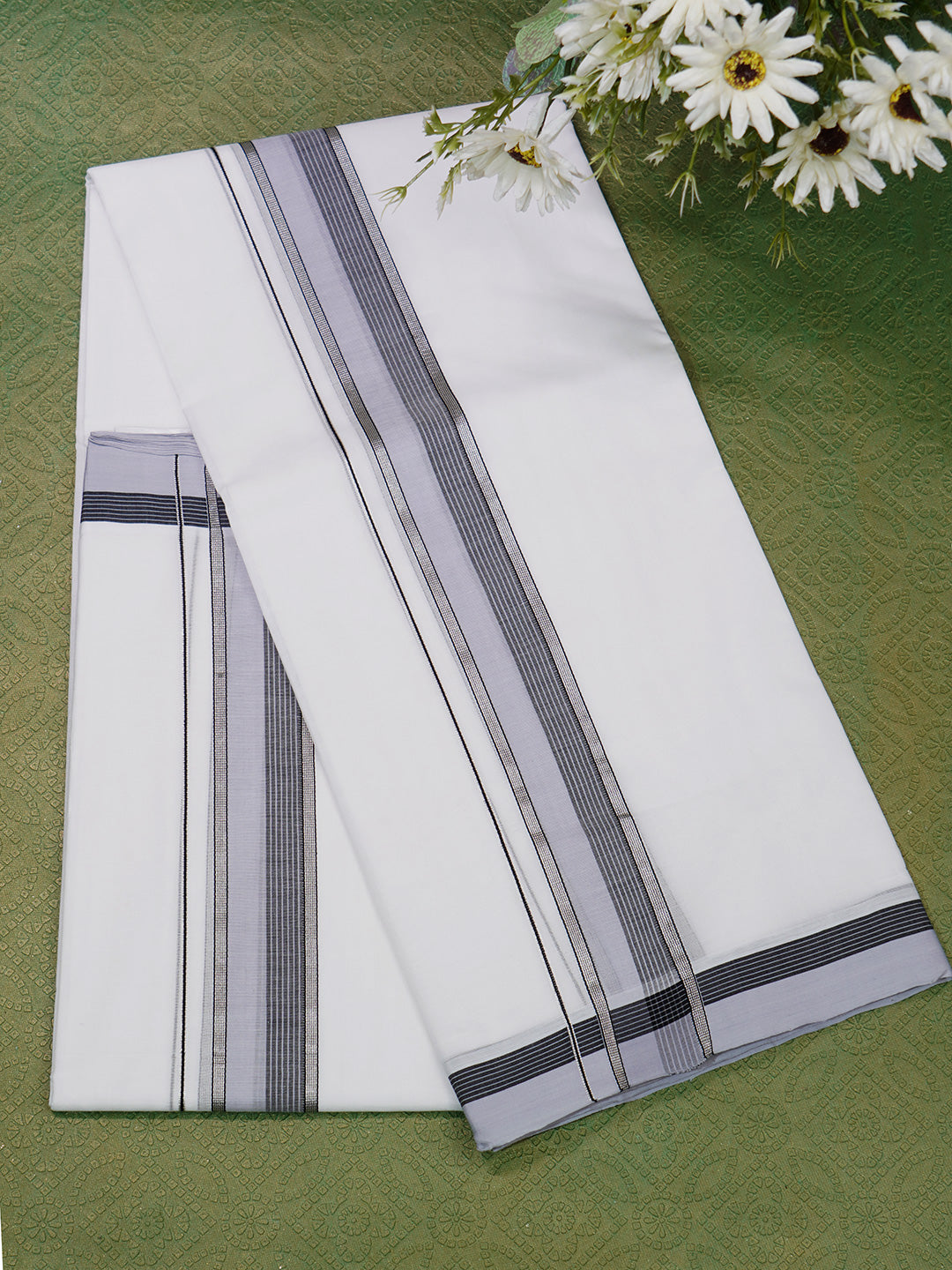 Men Premium Handloom White Dhoti with Silver Jari Border HLM50