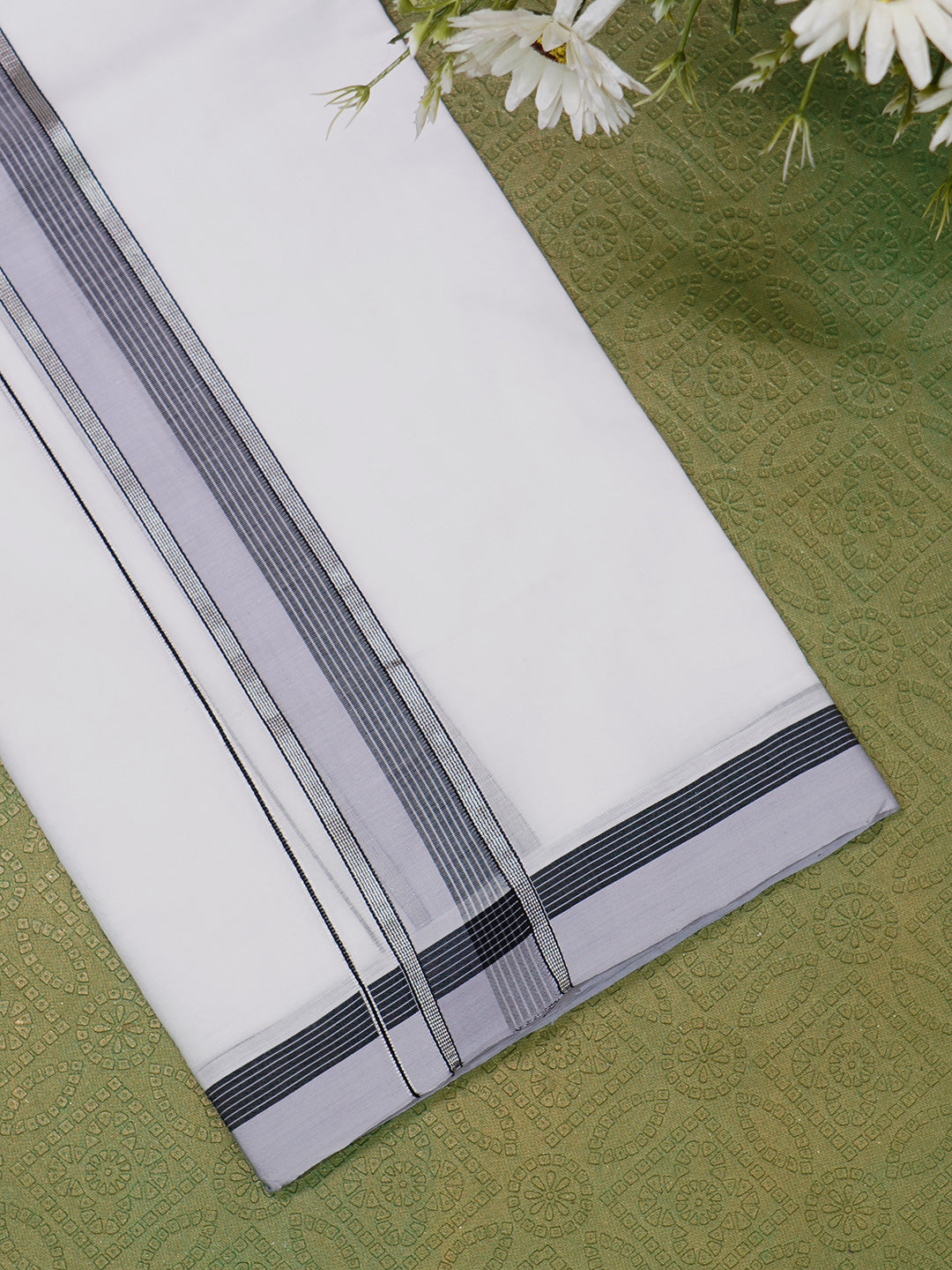 Men Premium Handloom White Dhoti with Silver Jari Border HLM50