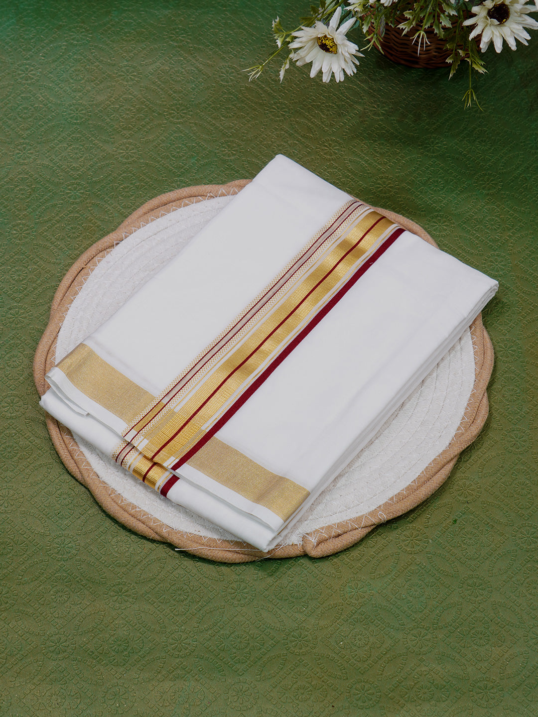 Men Premium Handloom White Dhoti with Gold Jari Border HLM56