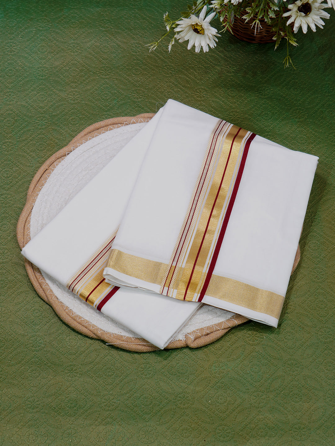Men Premium Handloom White Dhoti with Gold Jari Border HLM56