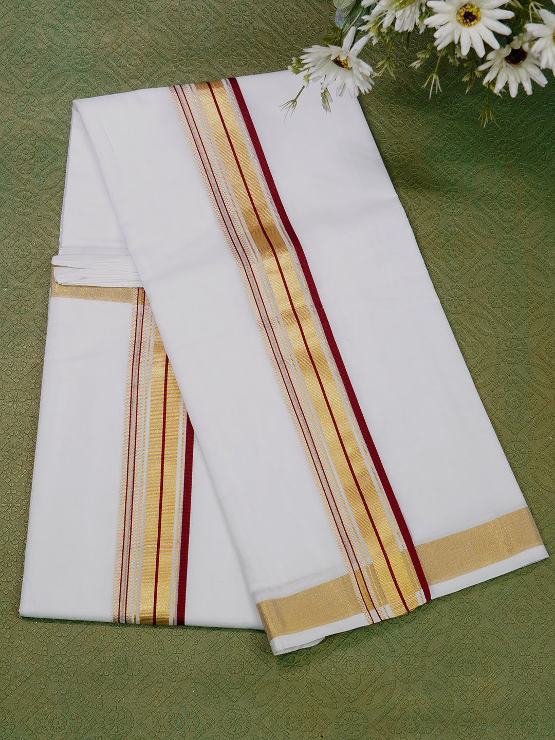 Men Premium Handloom White Dhoti with Gold Jari Border HLM56