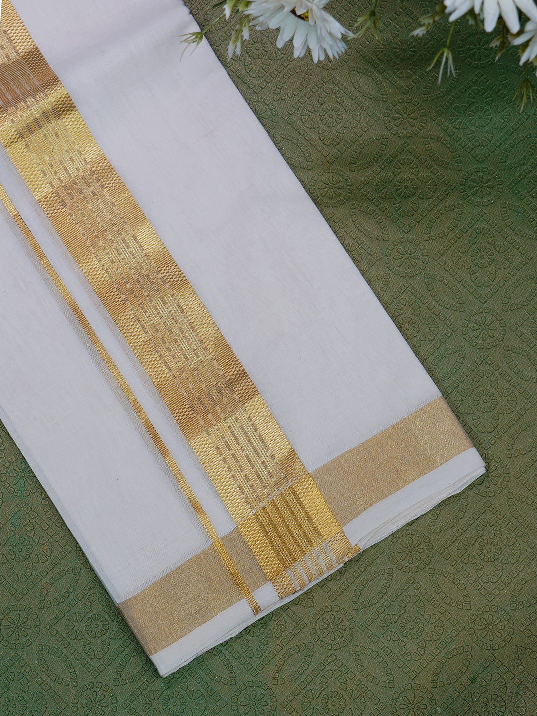 Men Premium Handloom White Dhoti with Silver Jari Border HLM54