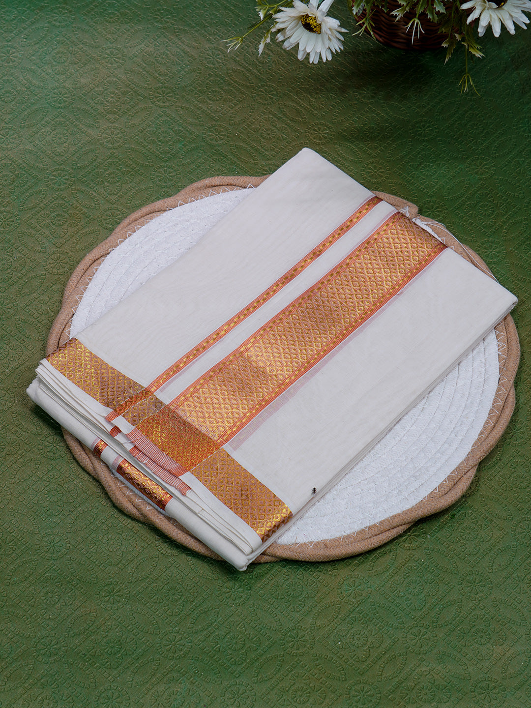 Men Premium Handloom White Dhoti with Copper Jari Border HLM43