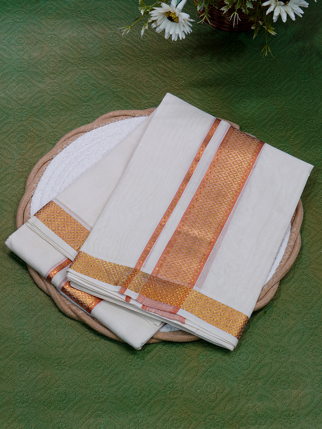Men Premium Handloom White Dhoti with Copper Jari Border HLM43