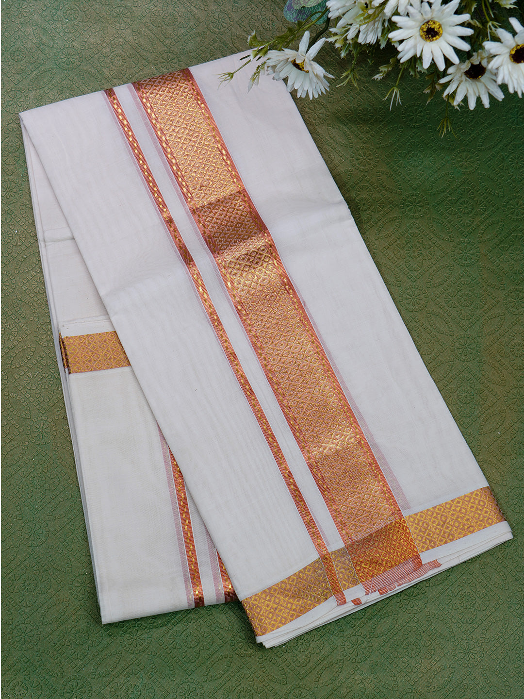 Men Premium Handloom White Dhoti with Copper Jari Border HLM43