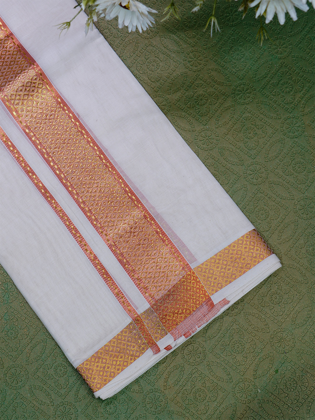 Men Premium Handloom White Dhoti with Copper Jari Border HLM43