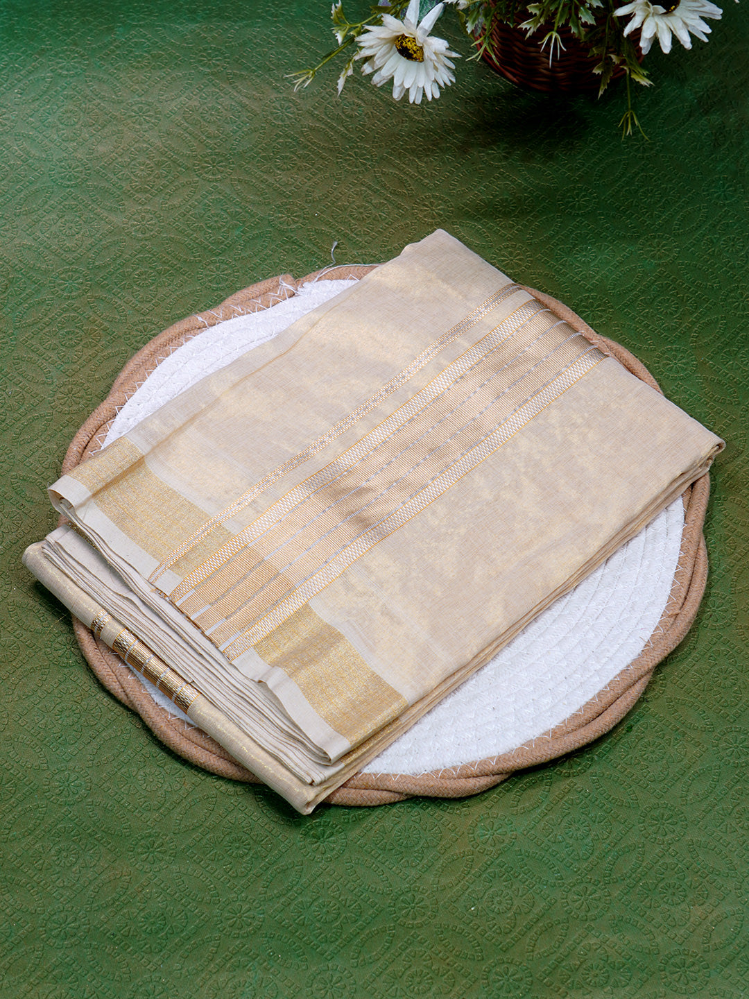 Men Premium Handloom Gold Dhoti with Jari Border HLM52