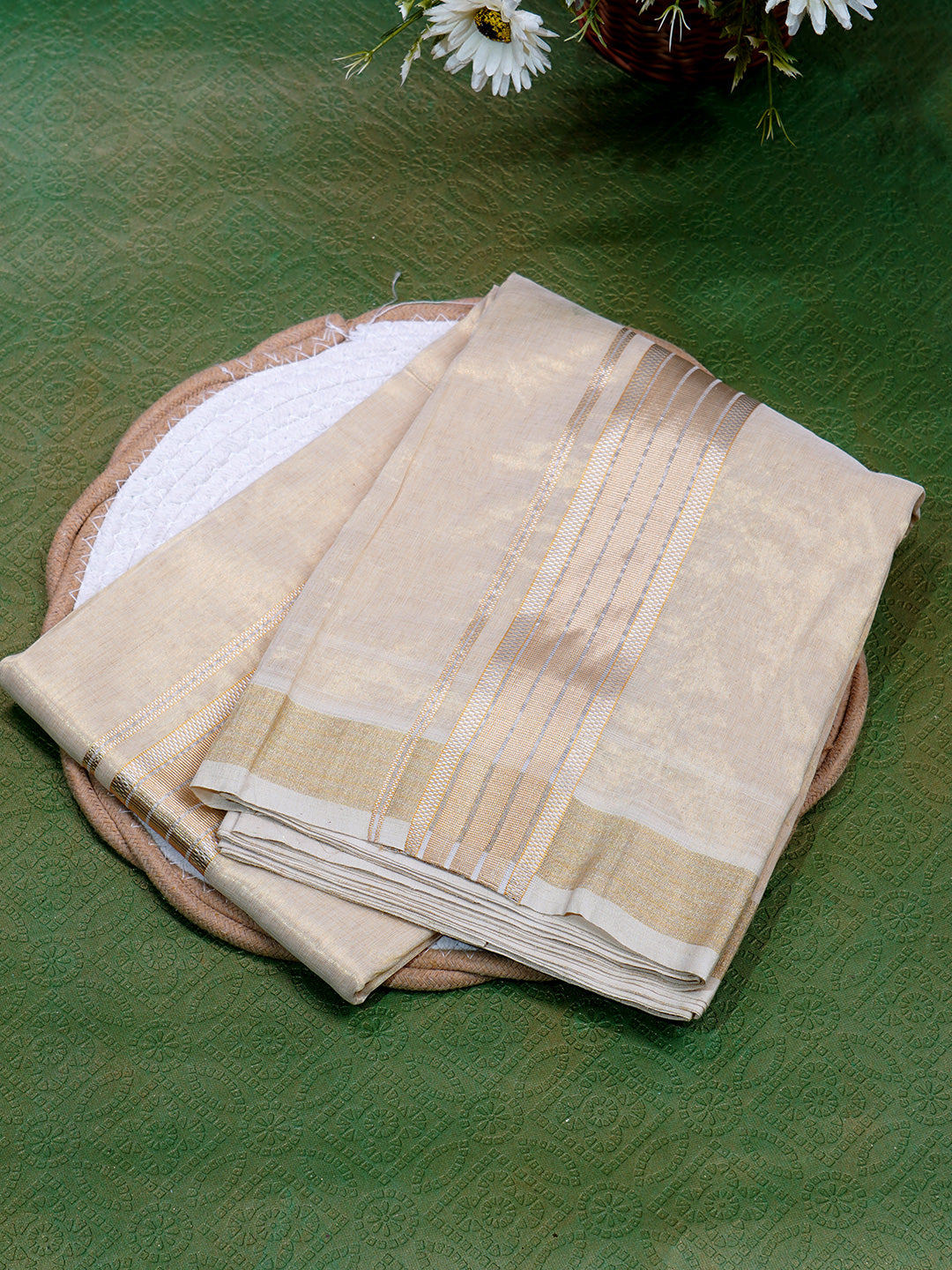 Men Premium Handloom Gold Dhoti with Jari Border HLM52