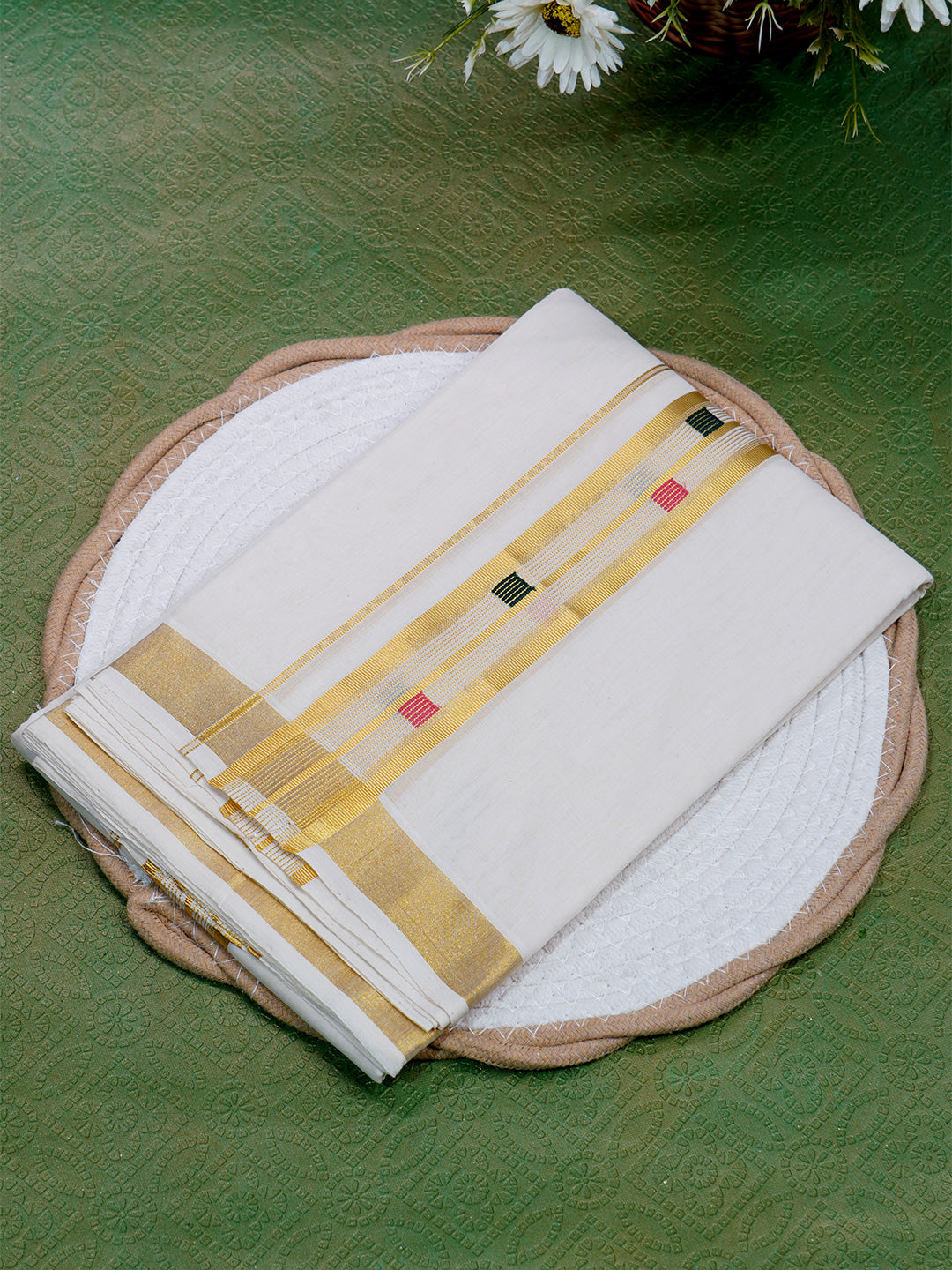 Men Premium Handloom White Dhoti with Gold Jari Border HLM41