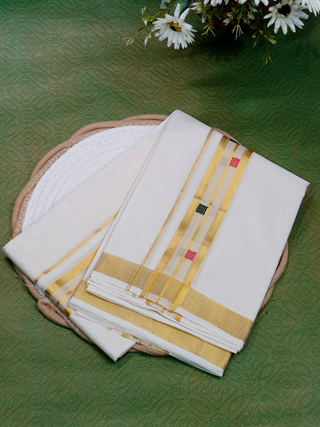 Men Premium Handloom White Dhoti with Gold Jari Border HLM41